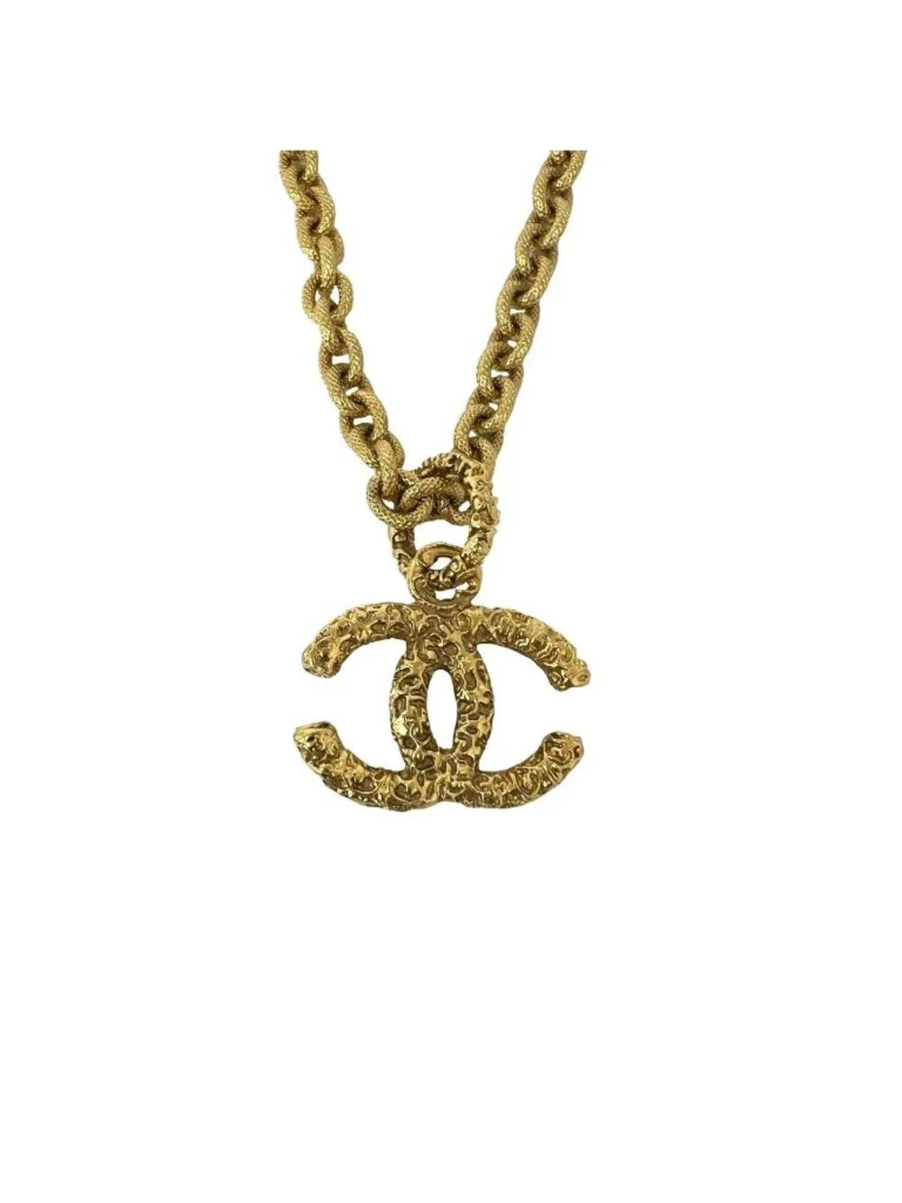 Chanel With Rice 93A Vintage CC Logo Lava Motif Chain Necklace Gold
